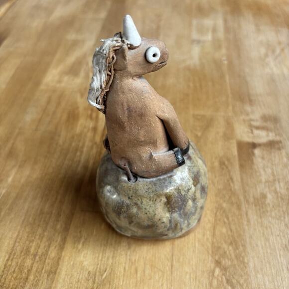 Art Pottery Signed Unicorn Whimsical Funny Ugly Clay Bell Rattle Figurine OOAC - Picture 3 of 11